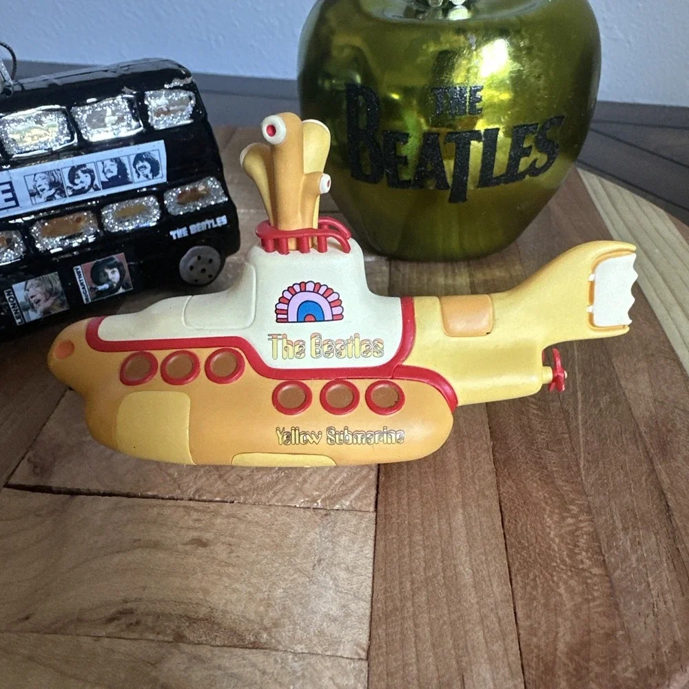 The Beatles 3 Ornaments 3-4 Inch Double Decker Bus Green Apple Yellow Submarine